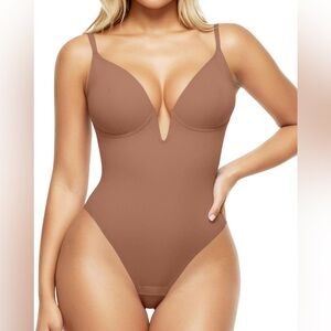 Popilush Shapewear Deep V-Neck Low Back Sculpting Thong Bodysuit Light Brown XXL